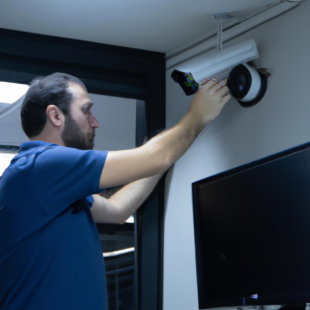 An employee monitoring the live feed from a security camera system, enhancing safety and security in the workplace.