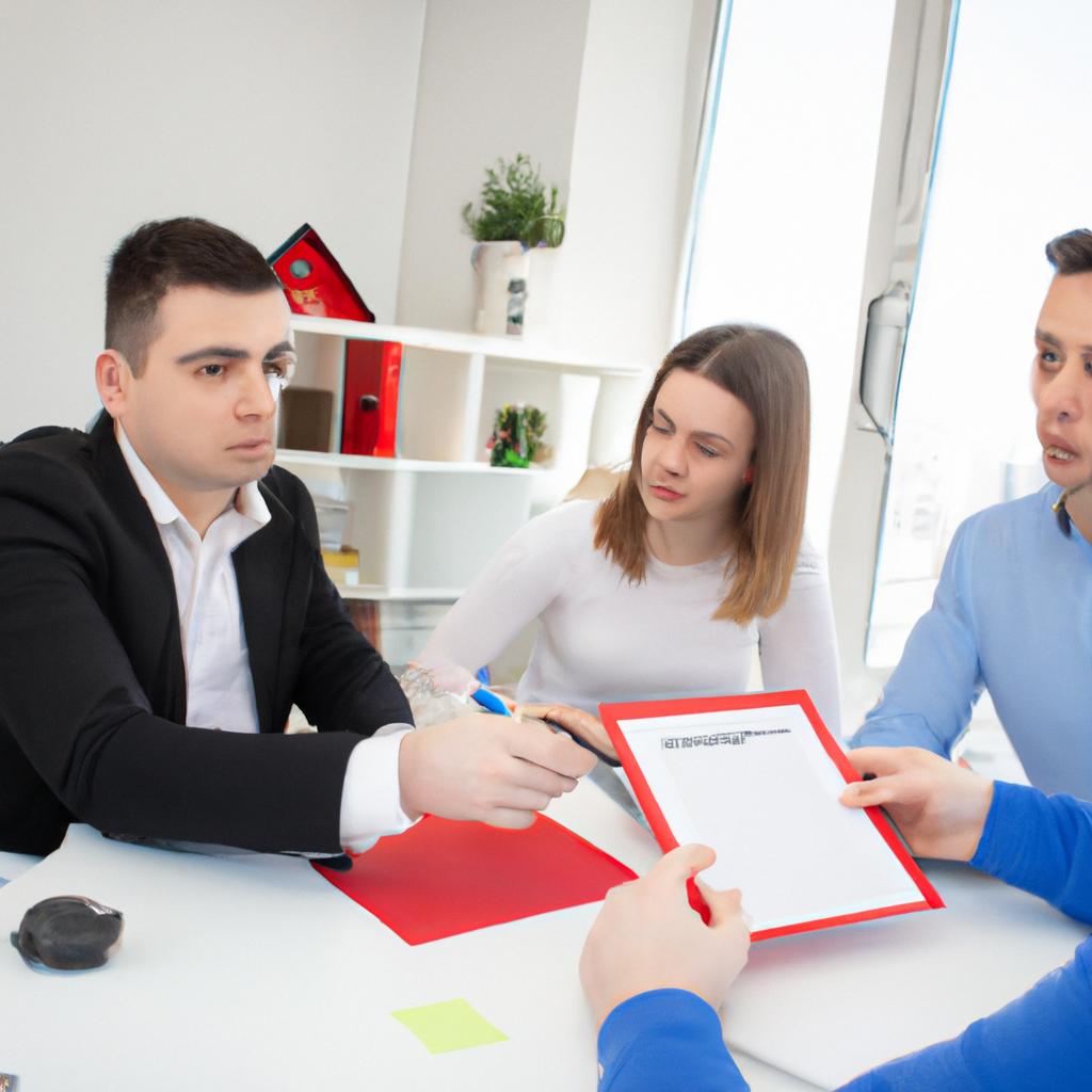 Real estate agent explaining commission payments to potential buyers.